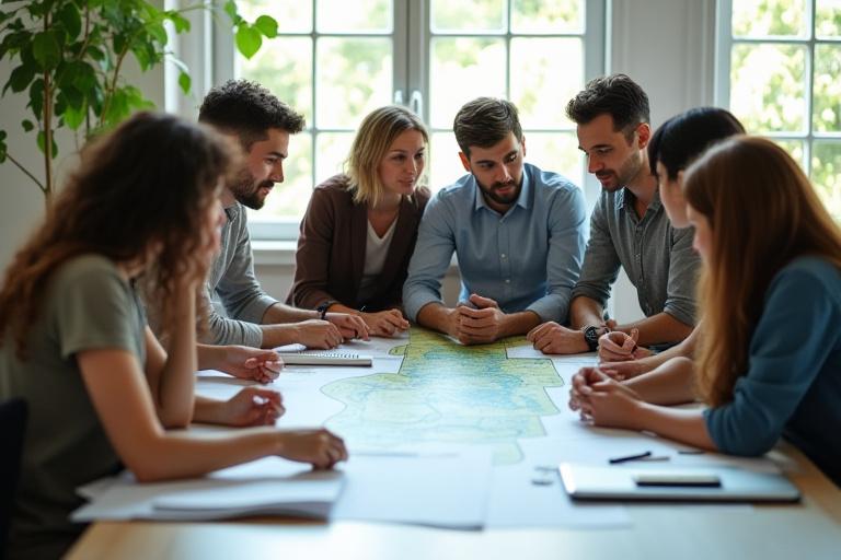 El equipo de Cartógrafo Verde revisando planos sobre un mapa grande