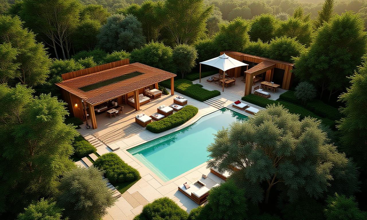 Vista aérea de un jardín moderno lujoso diseñado por Cartógrafo Verde