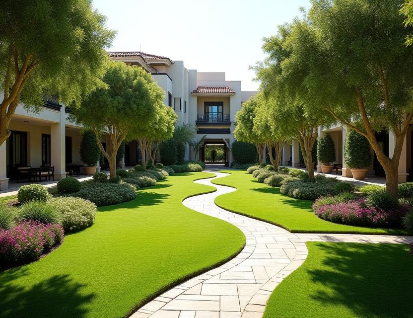 Gli spazi verdi comuni di un resort di lusso con percorsi e aree di sosta.