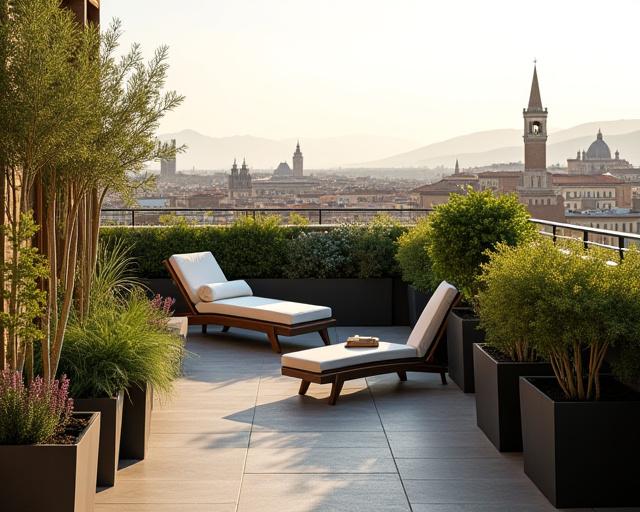 Una terrazza moderna a Firenze con piante in vaso, area relax e vista sulla città.