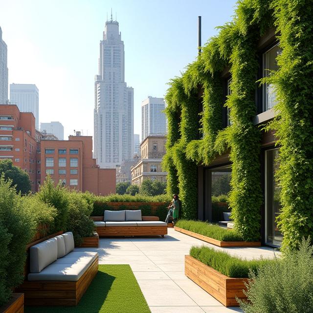 Azotea con jardín vertical en un edificio del centro de Madrid