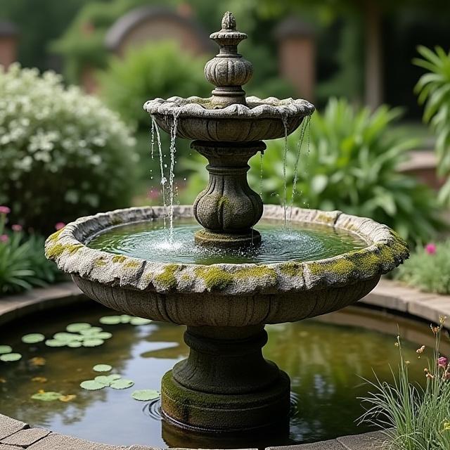 Detalle de una fuente restaurada en un jardín histórico