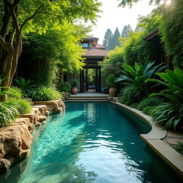 Jardín privado con piscina y vegetación exuberante