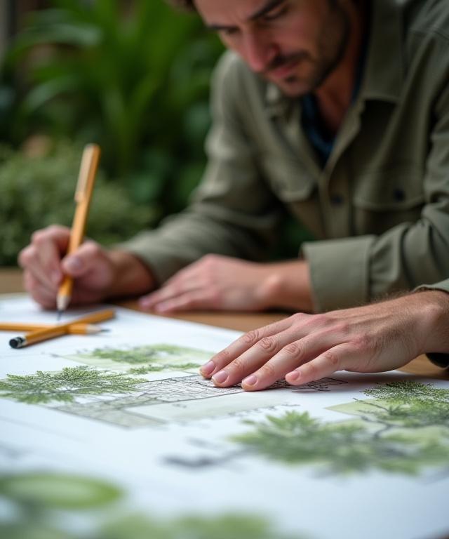 Un architetto paesaggista di Orizzonte Verde che disegna schizzi di un progetto di giardino.